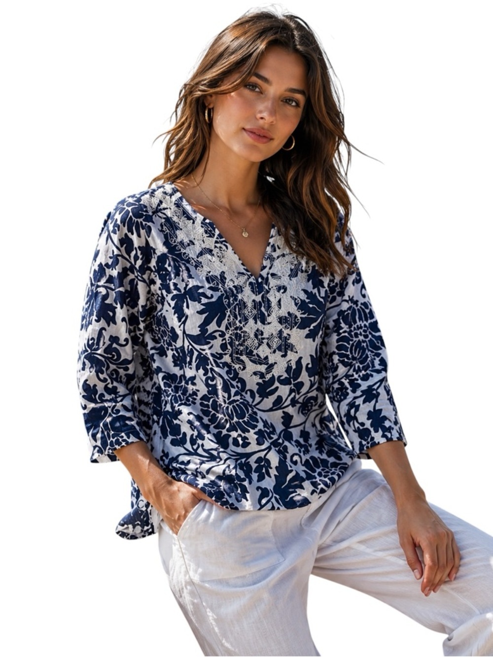Carla Conti Embroidered Women's Top - Navy and White- coastal resortwear vacay